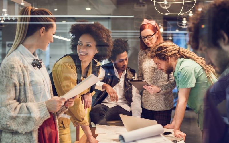 A business team engaged in a brainstorming session