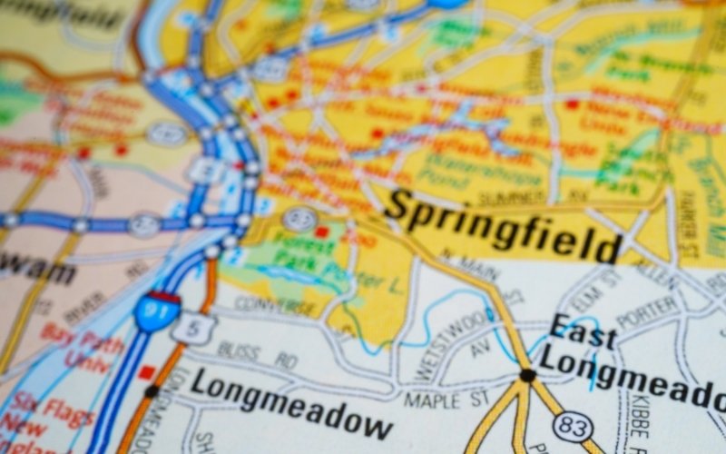 Map showing Springfield, Agawam, Longmeadow, and East Longmeadow